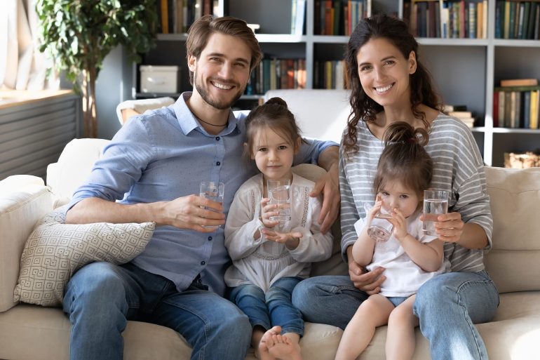 healthy family drinking water